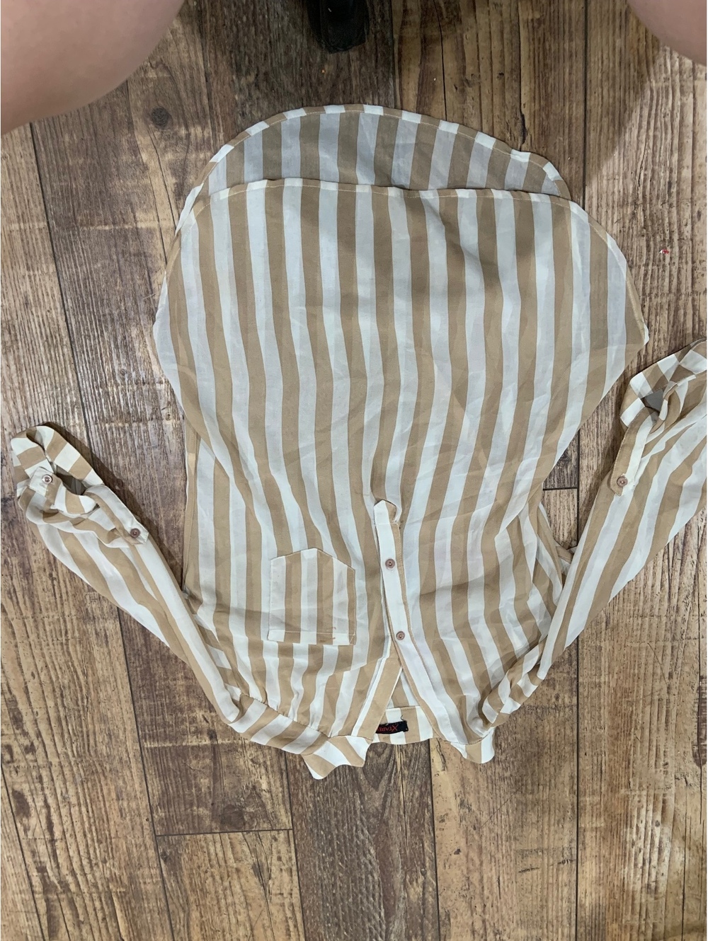 XTAREN see through beige and white striped button front top